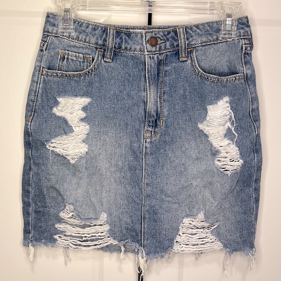 Hollister Dresses & Skirts - Hollister Ultra High-Rise Denim Jean Skirt Sz 1 Distressed